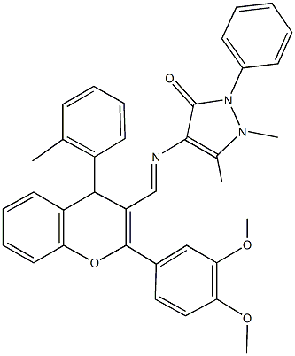 4-({[2-(3,4-dimethoxyphenyl)-4-(2-methylphenyl)-4H-chromen-3-yl]methylene}amino)-1,5-dimethyl-2-phenyl-1,2-dihydro-3H-pyrazol-3-one 化学構造式