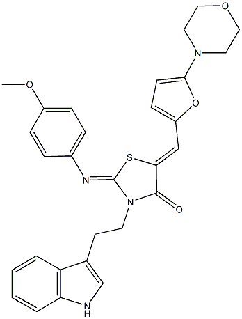3-[2-(1H-indol-3-yl)ethyl]-2-[(4-methoxyphenyl)imino]-5-{[5-(4-morpholinyl)-2-furyl]methylene}-1,3-thiazolidin-4-one Struktur