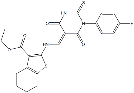 ethyl 2-{[(1-(4-fluorophenyl)-4,6-dioxo-2-thioxotetrahydro-5(2H)-pyrimidinylidene)methyl]amino}-4,5,6,7-tetrahydro-1-benzothiophene-3-carboxylate Structure