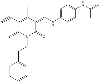 N-(4-{[(5-cyano-4-methyl-2,6-dioxo-1-(2-phenylethyl)-1,6-dihydro-3(2H)-pyridinylidene)methyl]amino}phenyl)acetamide 化学構造式