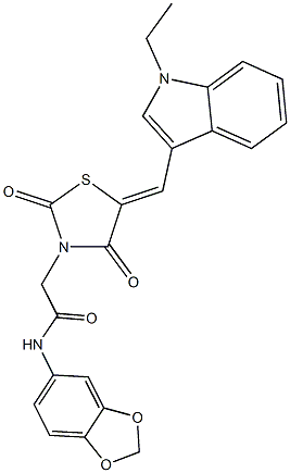 N-(1,3-benzodioxol-5-yl)-2-{5-[(1-ethyl-1H-indol-3-yl)methylene]-2,4-dioxo-1,3-thiazolidin-3-yl}acetamide Struktur