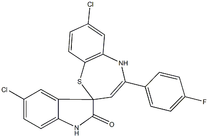 5',7-dichloro-4-(4-fluorophenyl)-1',2,3',5-tetrahydrospiro([1,5]benzothiazepine-2,3'-[2'H]-indole)-2'-one 化学構造式