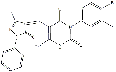 3-(4-bromo-3-methylphenyl)-6-hydroxy-5-[(3-methyl-5-oxo-1-phenyl-1,5-dihydro-4H-pyrazol-4-ylidene)methyl]-2,4(1H,3H)-pyrimidinedione Struktur