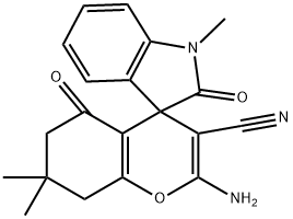 2'-amino-3'-cyano-1,7',7'-trimethyl-1,3,5',6',7',8'-hexahydro-2,5'-dioxospiro[2H-indole-3,4'-(4'H)-chromene] 化学構造式