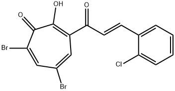 5,7-dibromo-3-[3-(2-chlorophenyl)acryloyl]-2-hydroxy-2,4,6-cycloheptatrien-1-one Struktur