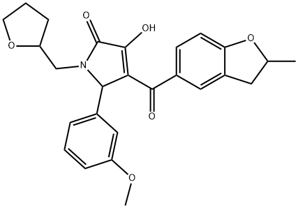 3-hydroxy-5-(3-methoxyphenyl)-4-[(2-methyl-2,3-dihydro-1-benzofuran-5-yl)carbonyl]-1-(tetrahydro-2-furanylmethyl)-1,5-dihydro-2H-pyrrol-2-one,1212246-38-2,结构式