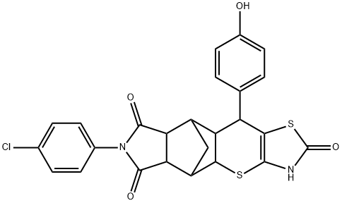 7-(4-chlorophenyl)-10-(4-hydroxyphenyl)-3,4a,5,5a,8a,9,9a,10-octahydro-5,9-methano[1,3]thiazolo[5',4':5,6]thiopyrano[2,3-f]isoindole-2,6,8(7H)-trione 化学構造式