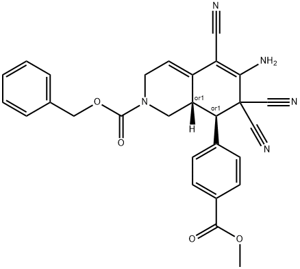 benzyl 6-amino-5,7,7-tricyano-8-[4-(methoxycarbonyl)phenyl]-3,7,8,8a-tetrahydro-2(1H)-isoquinolinecarboxylate 结构式