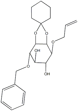 6-(allyloxy)-9-(benzyloxy)-spiro(2,4-dioxabicyclo[4.3.0]nonane-3,1'-cyclohexane)-7,8-diol Struktur