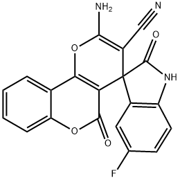 2-amino-1',3'-dihydro-2',5-dioxo-5'-fluorospiro(4H,5H-pyrano[3,2-c]chromene-4,3'-[2'H]-indole)-3-carbonitrile Struktur