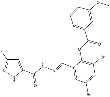 2,4-dibromo-6-{2-[(3-methyl-1H-pyrazol-5-yl)carbonyl]carbohydrazonoyl}phenyl 3-methoxybenzoate Struktur