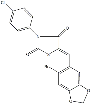 5-[(6-bromo-1,3-benzodioxol-5-yl)methylene]-3-(4-chlorophenyl)-1,3-thiazolidine-2,4-dione 化学構造式