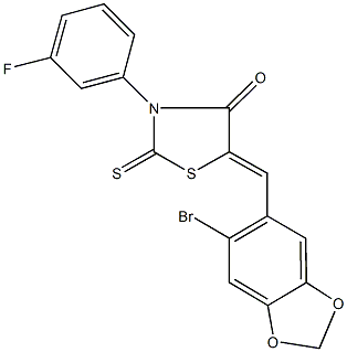 5-[(6-bromo-1,3-benzodioxol-5-yl)methylene]-3-(3-fluorophenyl)-2-thioxo-1,3-thiazolidin-4-one Struktur