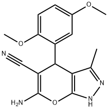 6-amino-4-(2,5-dimethoxyphenyl)-3-methyl-1,4-dihydropyrano[2,3-c]pyrazole-5-carbonitrile Struktur