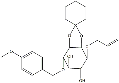 4-(allyloxy)-7-[(4-methoxybenzyl)oxy]-3a,4,5,6,7,7a-hexahydrospiro[1,3-benzodioxole-2,1'-cyclohexane]-5,6-diol 结构式