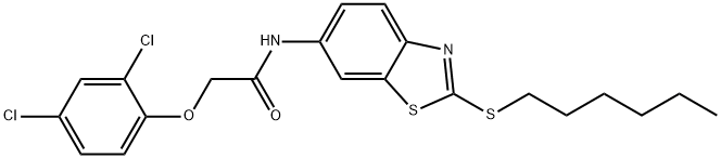 2-(2,4-dichlorophenoxy)-N-[2-(hexylsulfanyl)-1,3-benzothiazol-6-yl]acetamide 化学構造式