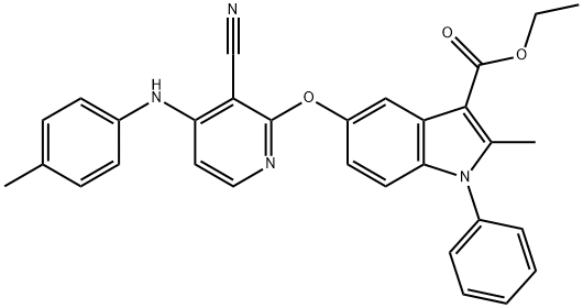 ethyl 5-{[3-cyano-4-(4-toluidino)-2-pyridinyl]oxy}-2-methyl-1-phenyl-1H-indole-3-carboxylate Struktur