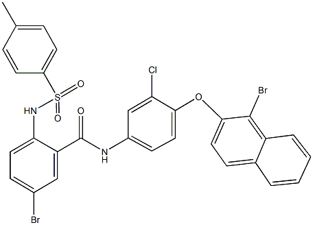 5-bromo-N-{4-[(1-bromo-2-naphthyl)oxy]-3-chlorophenyl}-2-{[(4-methylphenyl)sulfonyl]amino}benzamide 化学構造式