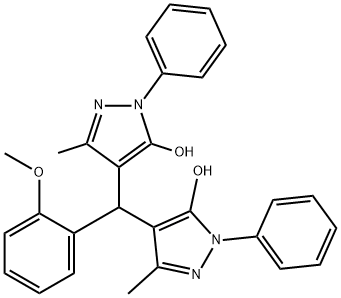 4-[(2-methoxyphenyl)(3-methyl-5-oxo-1-phenyl-4,5-dihydro-1H-pyrazol-4-yl)methyl]-5-methyl-2-phenyl-2,4-dihydro-3H-pyrazol-3-one Struktur