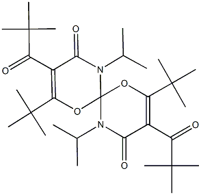 2,8-ditert-butyl-3,9-bis(2,2-dimethylpropanoyl)-5,11-diisopropyl-1,7-dioxa-5,11-diazaspiro[5.5]undeca-2,8-diene-4,10-dione Struktur