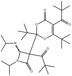 3-[2,6-ditert-butyl-5-(2,2-dimethylpropanoyl)-4-oxo-4H-1,3-dioxin-2-yl]-3-(2,2-dimethylpropanoyl)-1-isopropyl-4-(isopropylimino)-2-azetidinone Struktur