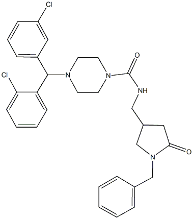 N-[(1-benzyl-5-oxo-3-pyrrolidinyl)methyl]-4-[(2-chlorophenyl)(3-chlorophenyl)methyl]-1-piperazinecarboxamide Structure