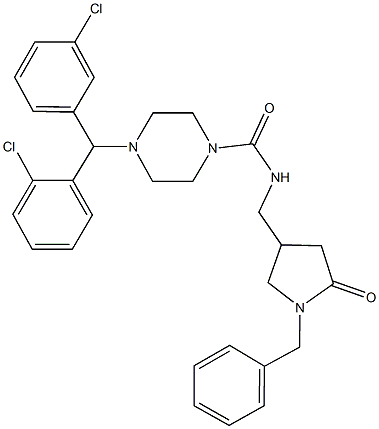 N-[(1-benzyl-5-oxo-3-pyrrolidinyl)methyl]-4-[(2-chlorophenyl)(3-chlorophenyl)methyl]-1-piperazinecarboxamide|