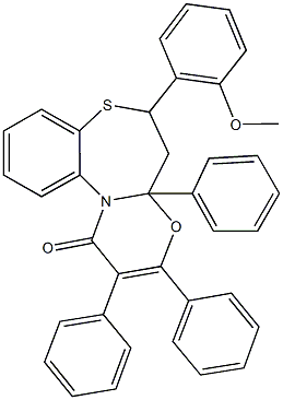 6-(2-methoxyphenyl)-2,3,4a-triphenyl-5,6-dihydro-1H,4aH-[1,3]oxazino[2,3-d][1,5]benzothiazepin-1-one 化学構造式