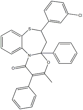 6-(3-chlorophenyl)-3-methyl-2,4a-diphenyl-5,6-dihydro-1H,4aH-[1,3]oxazino[2,3-d][1,5]benzothiazepin-1-one Structure