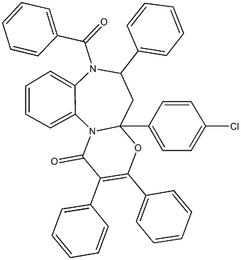 7-benzoyl-4a-(4-chlorophenyl)-2,3,6-triphenyl-4a,5,6,7-tetrahydro-1H-[1,3]oxazino[3,2-a][1,5]benzodiazepin-1-one Struktur