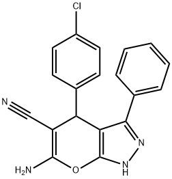 6-amino-4-(4-chlorophenyl)-3-phenyl-1,4-dihydropyrano[2,3-c]pyrazole-5-carbonitrile 结构式