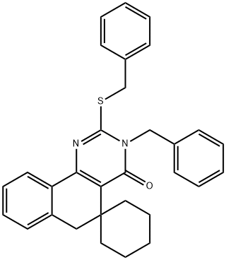 3-benzyl-2-(benzylsulfanyl)-5,6-dihydro-4(3H)-oxospiro(benzo[h]quinazoline-5,1'-cyclohexane) 化学構造式