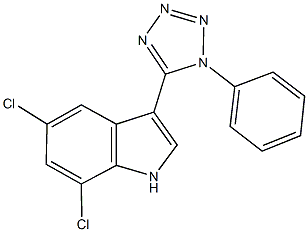 5,7-dichloro-3-(1-phenyl-1H-tetraazol-5-yl)-1H-indole 化学構造式