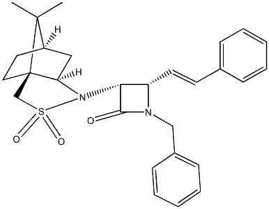 1-benzyl-3-(10,10-dimethyl-3,3-dioxido-3-thia-4-azatricyclo[5.2.1.0~1,5~]dec-4-yl)-4-(2-phenylvinyl)-2-azetidinone Structure