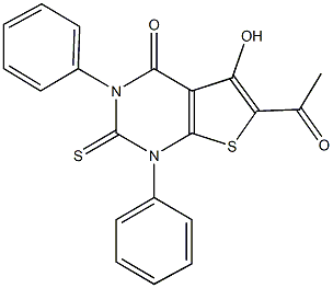 6-acetyl-5-hydroxy-1,3-diphenyl-2-thioxo-2,3-dihydrothieno[2,3-d]pyrimidin-4(1H)-one Struktur