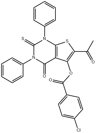 6-acetyl-4-oxo-1,3-diphenyl-2-thioxo-1,2,3,4-tetrahydrothieno[2,3-d]pyrimidin-5-yl 4-chlorobenzoate Struktur