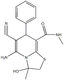 5-amino-6-cyano-3-hydroxy-N,3-dimethyl-7-phenyl-2,3-dihydro-7H-[1,3]thiazolo[3,2-a]pyridine-8-carboxamide Struktur