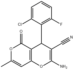2-amino-4-(2-chloro-6-fluorophenyl)-7-methyl-5-oxo-4H,5H-pyrano[4,3-b]pyran-3-carbonitrile Structure