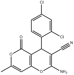 2-amino-4-(2,4-dichlorophenyl)-7-methyl-5-oxo-4H,5H-pyrano[4,3-b]pyran-3-carbonitrile 化学構造式