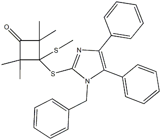 3-[(1-benzyl-4,5-diphenyl-1H-imidazol-2-yl)sulfanyl]-2,2,4,4-tetramethyl-3-(methylsulfanyl)cyclobutanone 化学構造式