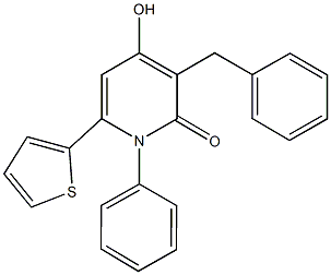 3-benzyl-4-hydroxy-1-phenyl-6-(2-thienyl)-2(1H)-pyridinone Struktur