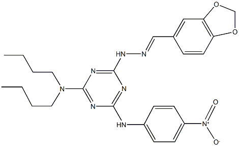 1,3-benzodioxole-5-carbaldehyde (4-(dibutylamino)-6-{4-nitroanilino}-1,3,5-triazin-2-yl)hydrazone Structure