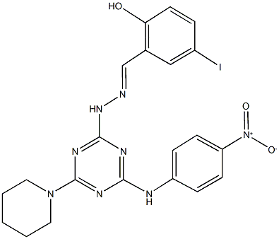 2-hydroxy-5-iodobenzaldehyde [4-{4-nitroanilino}-6-(1-piperidinyl)-1,3,5-triazin-2-yl]hydrazone 化学構造式