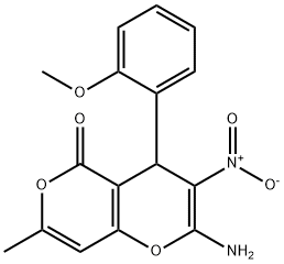 2-amino-3-nitro-4-(2-methoxyphenyl)-7-methyl-4H,5H-pyrano[4,3-b]pyran-5-one 结构式