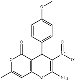 2-amino-3-nitro-4-(4-methoxyphenyl)-7-methyl-4H,5H-pyrano[4,3-b]pyran-5-one Struktur