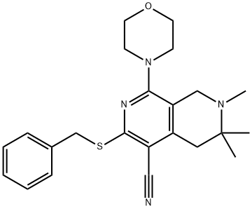 3-(benzylsulfanyl)-6,6,7-trimethyl-1-morpholin-4-yl-5,6,7,8-tetrahydro[2,7]naphthyridine-4-carbonitrile Struktur