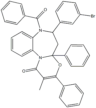 7-benzoyl-6-(3-bromophenyl)-2-methyl-3,4a-diphenyl-4a,5,6,7-tetrahydro-1H-[1,3]oxazino[3,2-a][1,5]benzodiazepin-1-one Struktur