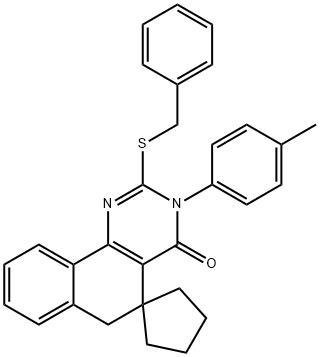 2-(benzylsulfanyl)-3-(4-methylphenyl)-5,6-dihydrospiro(benzo[h]quinazoline-5,1'-cyclopentane)-4(3H)-one Struktur