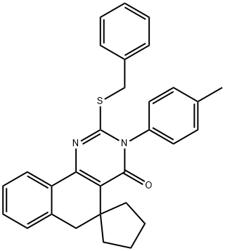 2-(benzylsulfanyl)-3-(4-methylphenyl)-5,6-dihydrospiro(benzo[h]quinazoline-5,1'-cyclopentane)-4(3H)-one 化学構造式