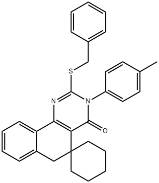 2-(benzylsulfanyl)-3-(4-methylphenyl)-5,6-dihydro-4(3H)-oxospiro(benzo[h]quinazoline-5,1'-cyclohexane) Struktur